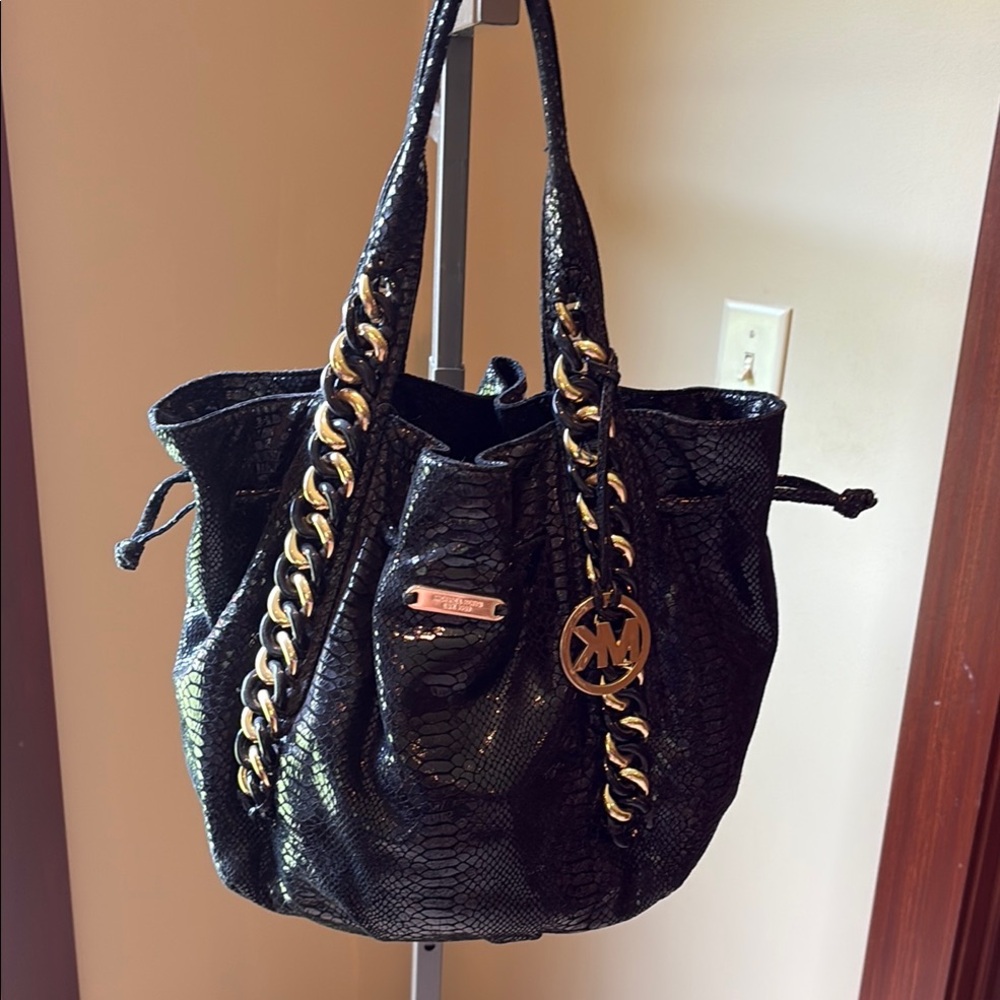 Michael Kors Black and Gold Snake-Embossed Shoulder Bag
